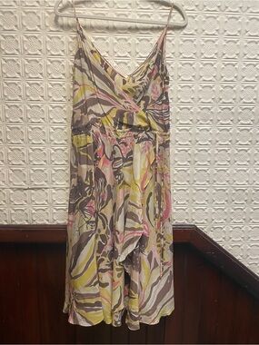 Liefsdottir Silk Printed Spaghetti Strap Midi Dress in Pink, Yellow & Taupe